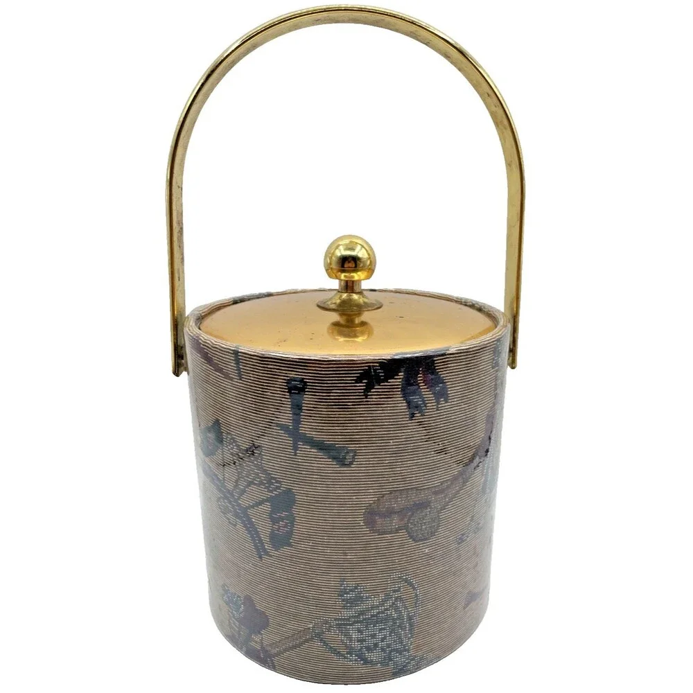 Vintage MCM Kraftware Ice Bucket & Lid Vinyl Golf Golfing Pattern Gold